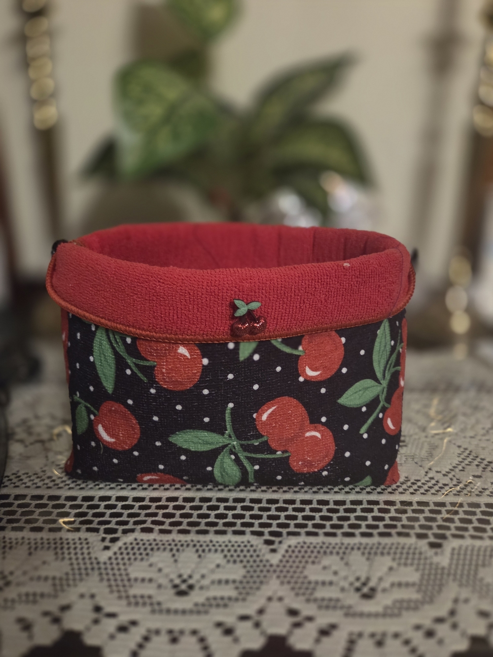 Handmade Red Cherry Print Fabric Storage Basket